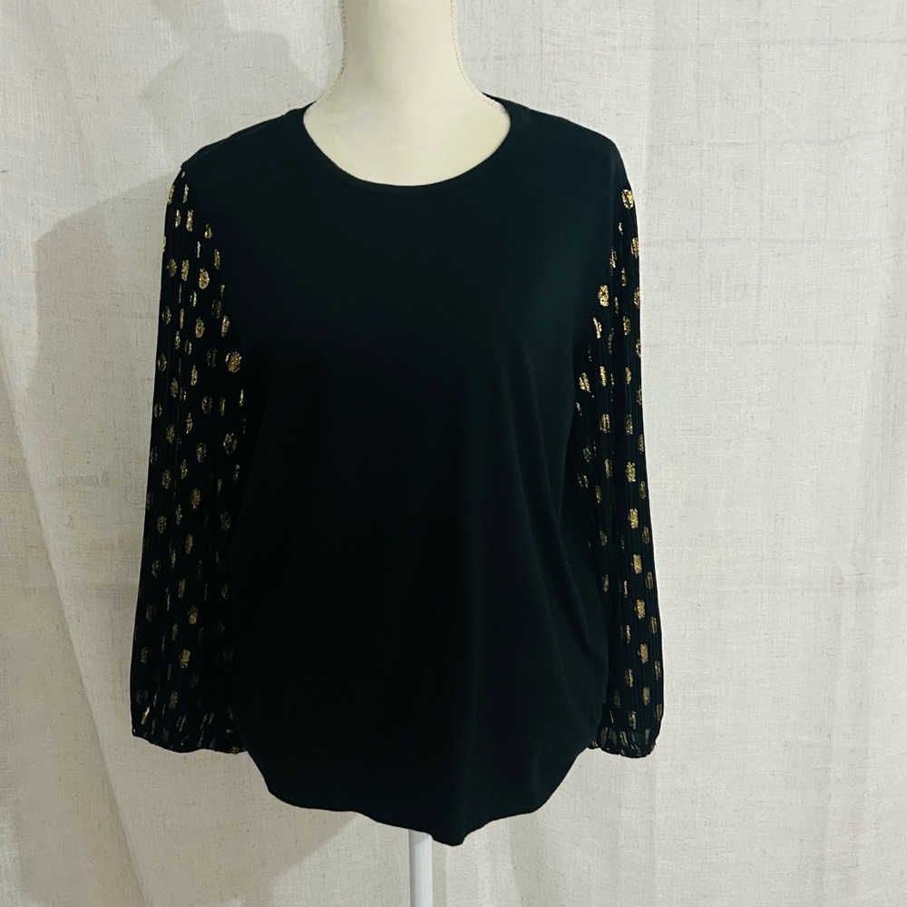 Elegant Black Top with Gold Poka Dot Balloon Sleeves